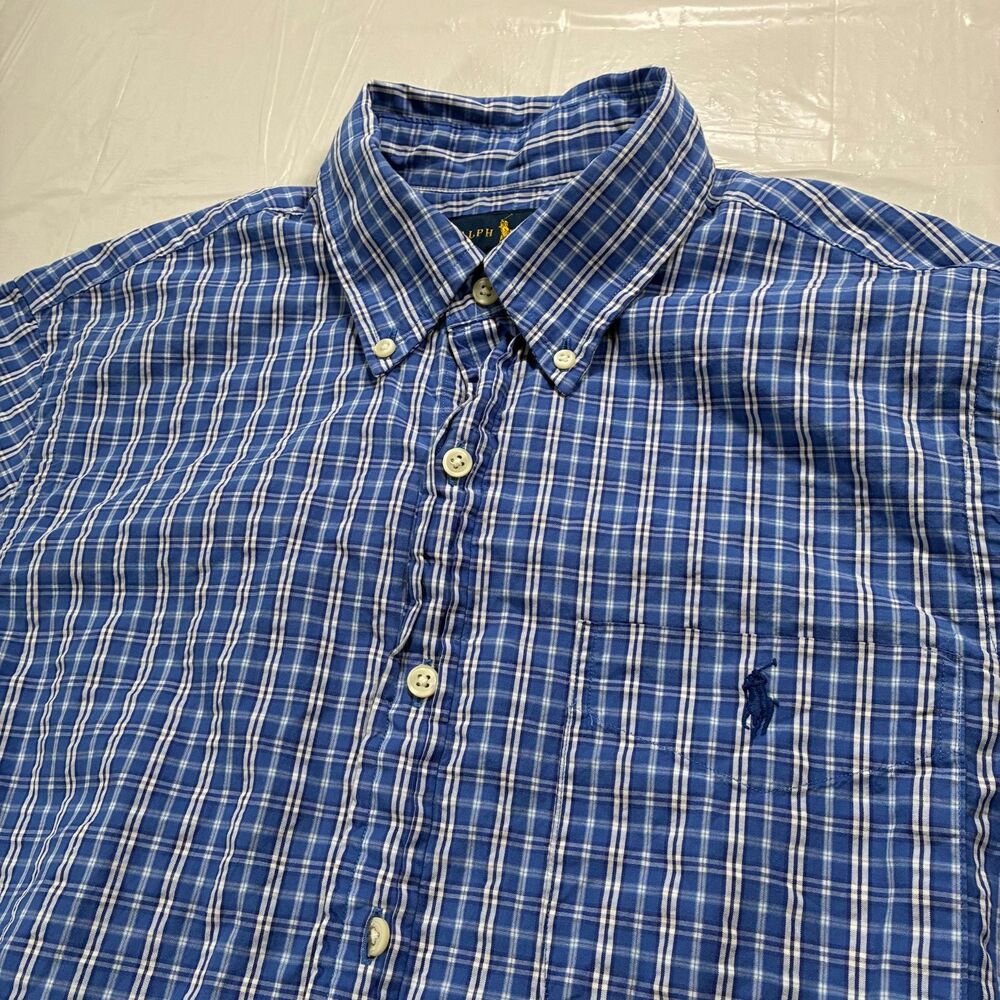Polo Ralph Lauren Seersucker Button Down Shirt Short Sleeve Mens Medium Blue